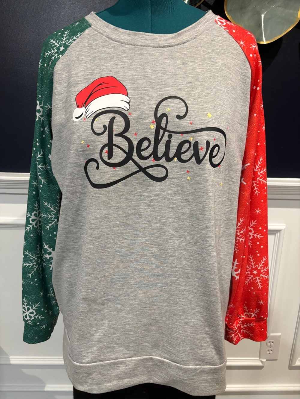 Believe Holiday Raglan Sweatshirt - Gray with Red & Green Sleeves